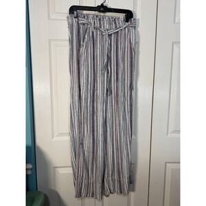 Knox Rose Womens Pants Wide Leg Oversized Large Linen Blend Blue Striped Belt